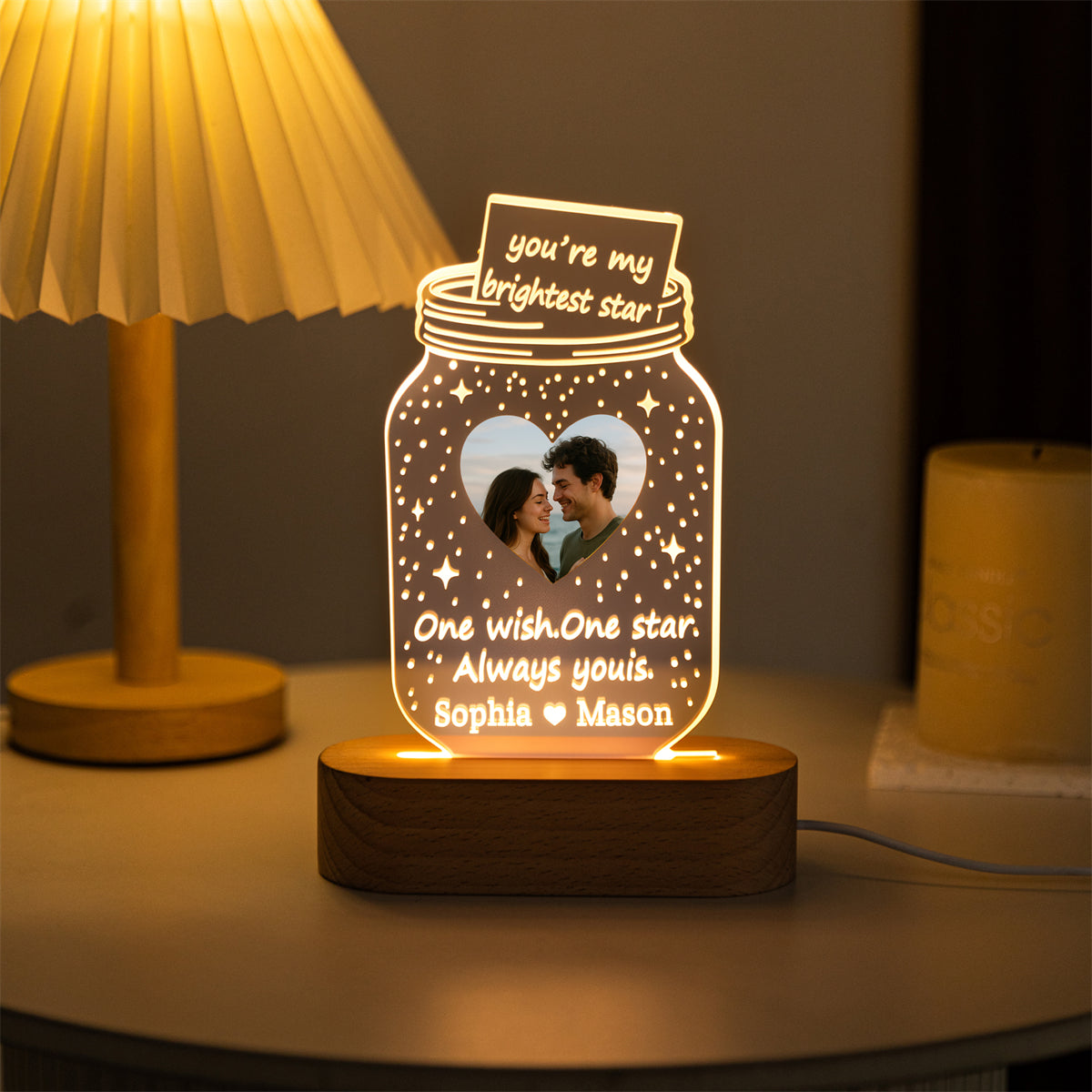 Personalized acrylic star jar lamp glowing at night with heart-shaped couple photo – MoeCraze