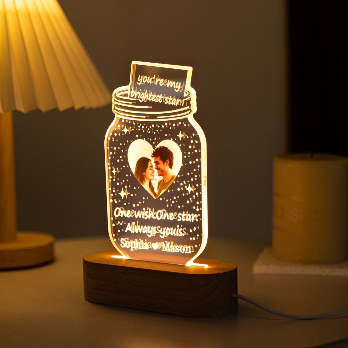 Starry mason jar acrylic light with glowing custom names and photo – MoeCraze