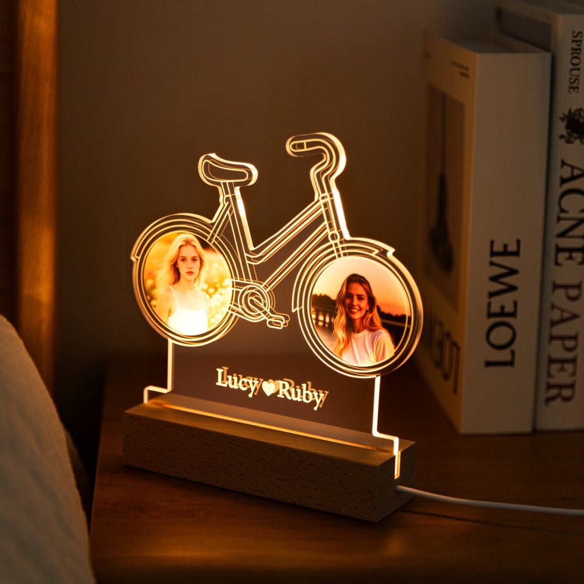 Custom Couple Bike Photo Light – Personalized LED Gift with Two Pictures & Names - MoeCraze