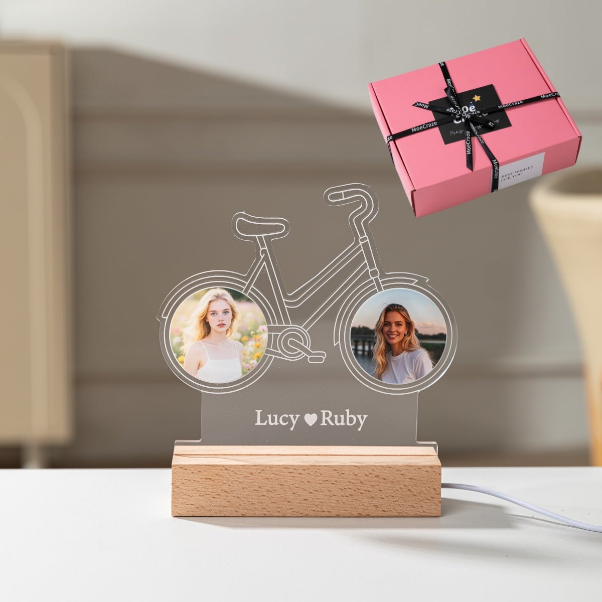 Custom Couple Bike Photo Light – Personalized LED Gift with Two Pictures & Names - MoeCraze