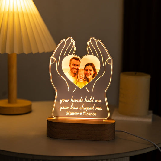 Soft glowing LED night light shaped with hands lifting a heart photo window, wooden base – MoeCraze