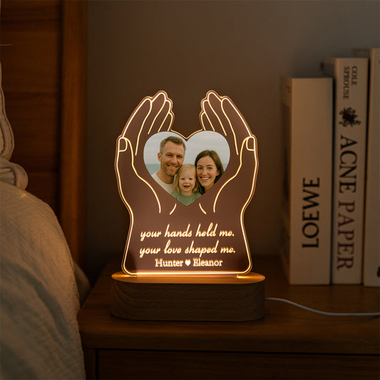 Personalized acrylic LED light with two hands gently holding a glowing heart photo, engraved names and message – MoeCraze

