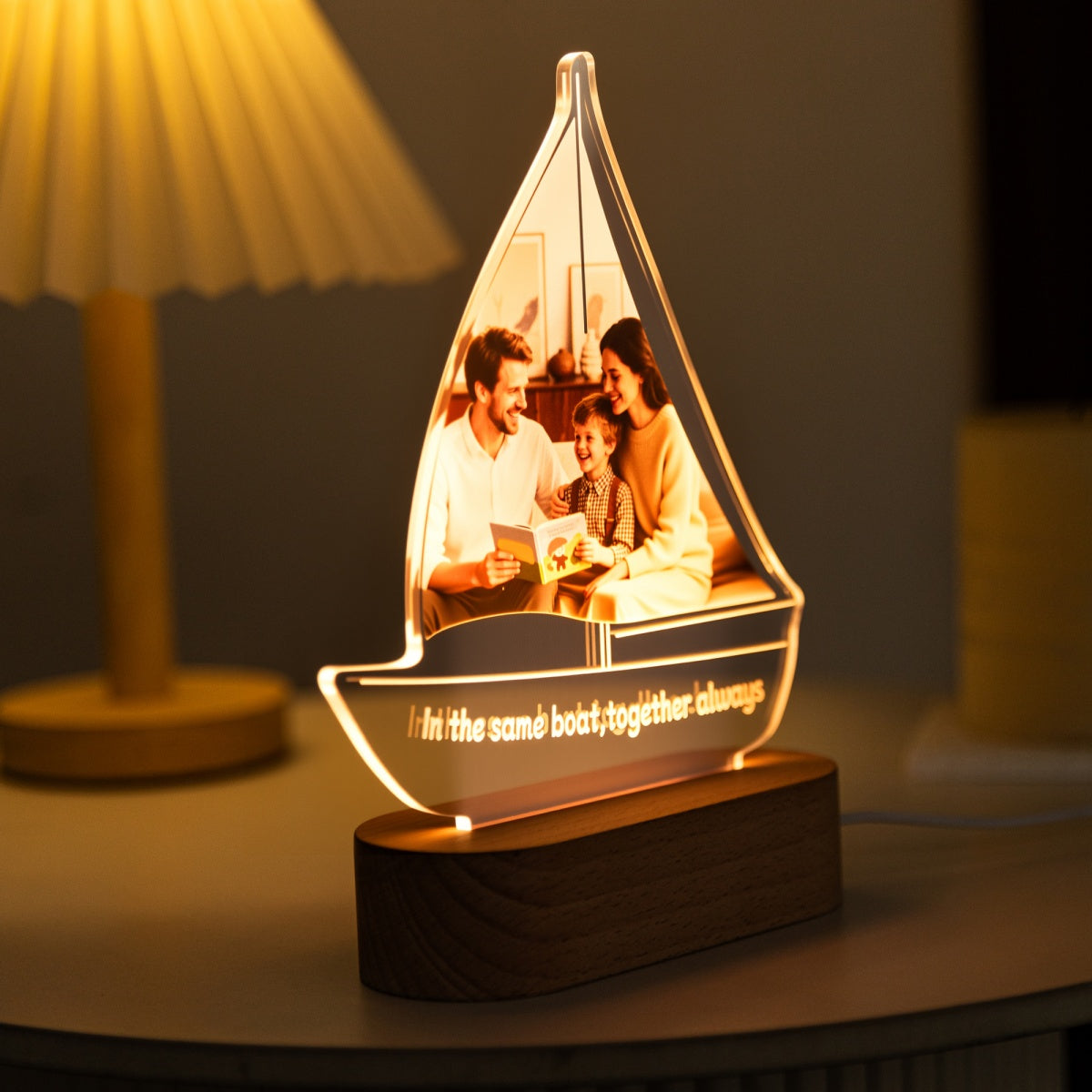  Warm LED light glowing behind a custom photo on sailboat-shaped acrylic panel – MoeCraze