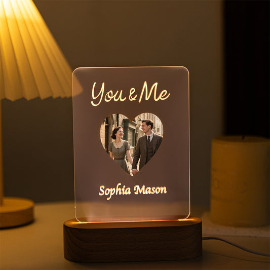 Engraved LED night light with heart photo and “You & Me” text glowing – MoeCraze
