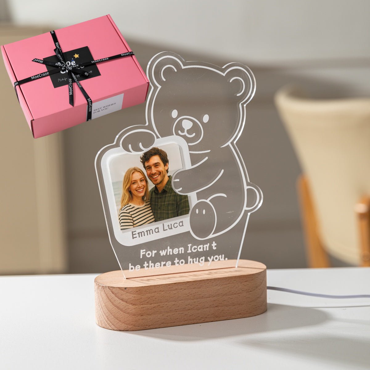 Custom Hug Bear Acrylic Night Light – Personalized Photo Gift for Long Distance Love - MoeCraze