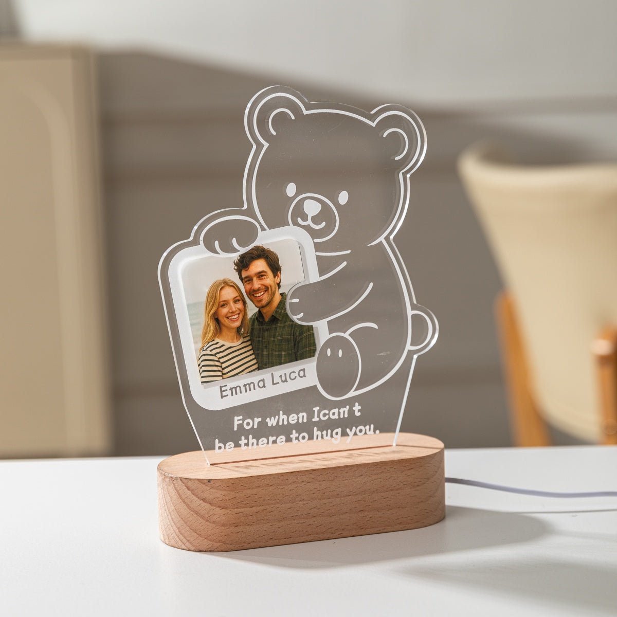 Custom Hug Bear Acrylic Night Light – Personalized Photo Gift for Long Distance Love - MoeCraze