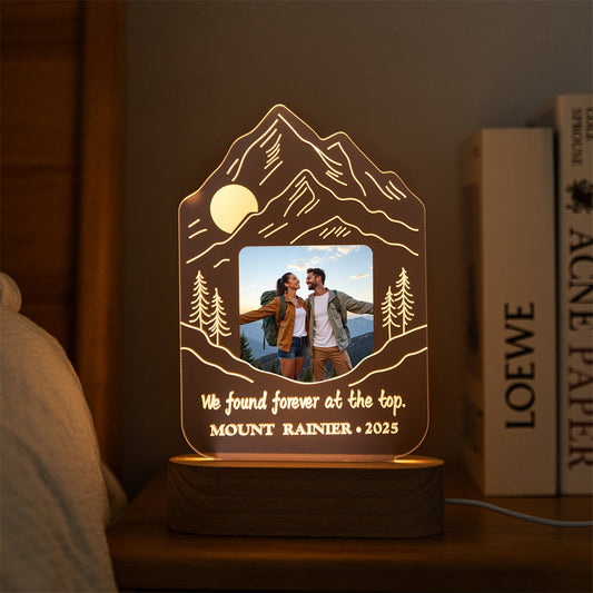 Custom Mountain Silhouette LED Lamp with Photo – Personalized Hiking Couple Night Light - MoeCraze