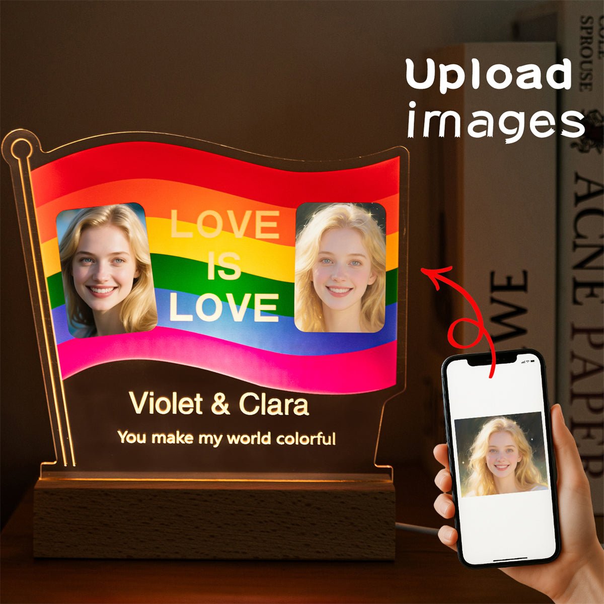 Custom Rainbow Pride Flag Acrylic Lamp with Photos | LGBTQ+ Couple Gift - MoeCraze